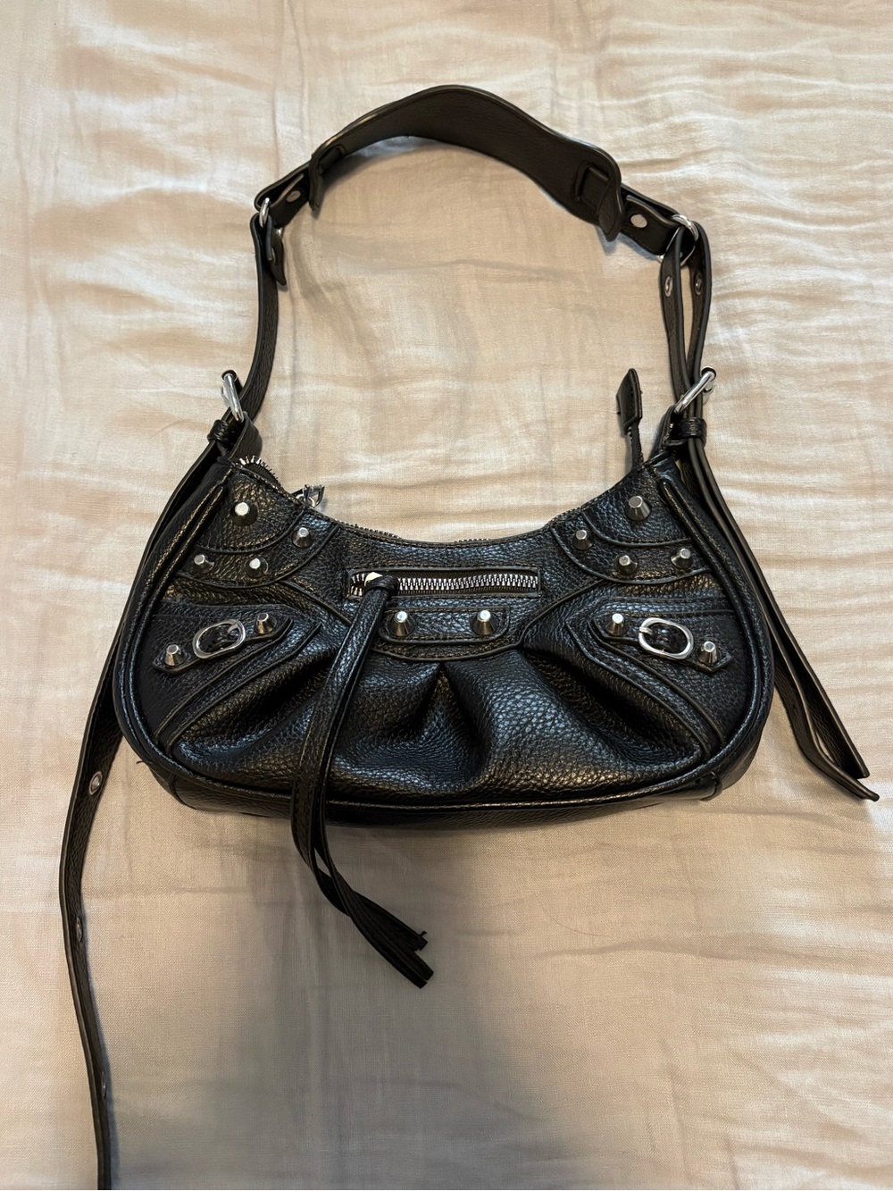 Black Faux Leather Shoulder Bag Stud Detail